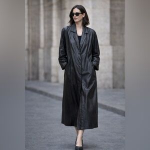 VTG G-III Genuine Leather Trench Coat Long Black Overcoat L Made in Indonesia
